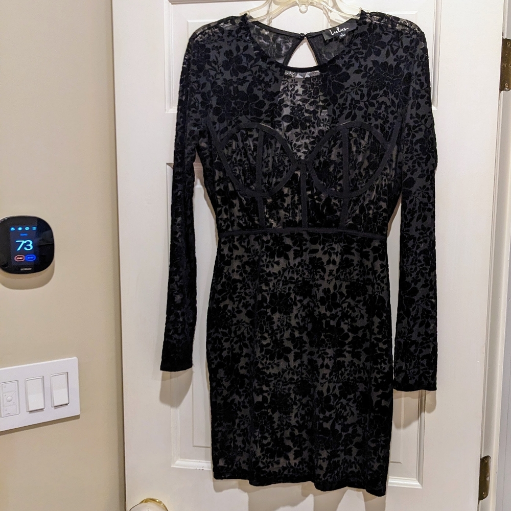 Lulu's Cor-Set to Go Black Burnout Velvet Print Dress Size Large Black